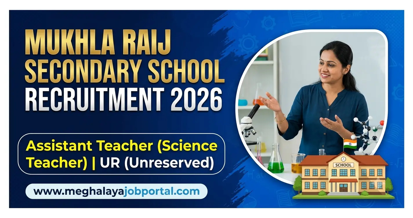 Blog banner for Mukhla Raij Secondary School Recruitment 2026 announcing a vacancy for Assistant Teacher (Science Teacher) under the UR (Unreserved) category. The design features a smiling science teacher, an illustration of a school building, and the website www.meghalayajobportal.com at the bottom.